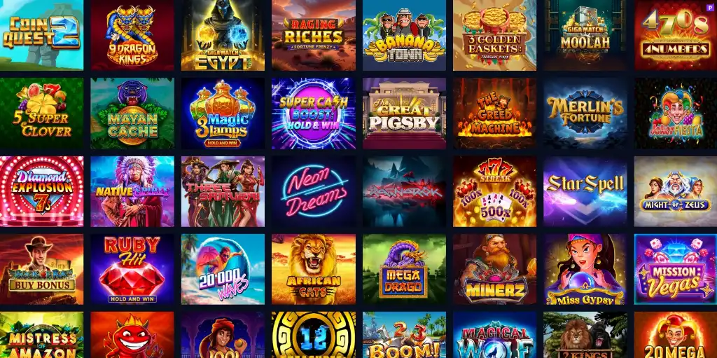 Lobby selection screen from Lucky Stake showing a grid of colorful slot game titles including Coin Quest 2, Raging Riches, Merlin’s Fortune, and Might of Zeus.