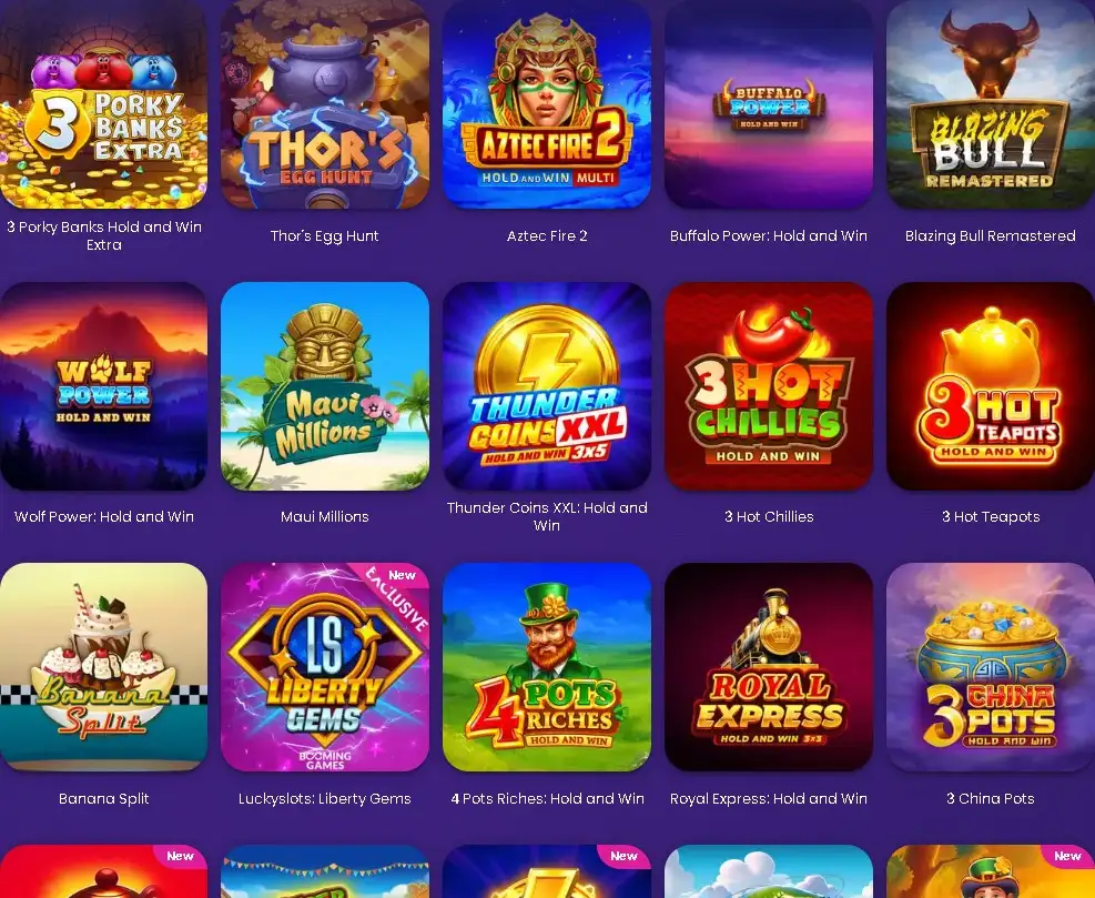 Collection of colorful slot titles available on the Luckyslots platform including several Hold and Win games.