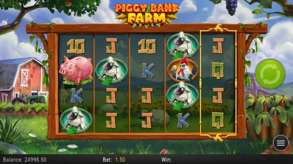 Gameplay from Piggy Bank Farm slot featuring cartoon pigs, sheep, and wooden symbols against a cheerful barnyard background.