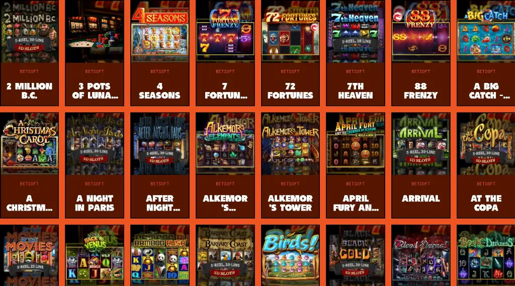 Playbracco Casino slot game lobby showcasing a variety of Betsoft titles including 2 Million B.C., 4 Seasons, and Alkemor’s Tower.