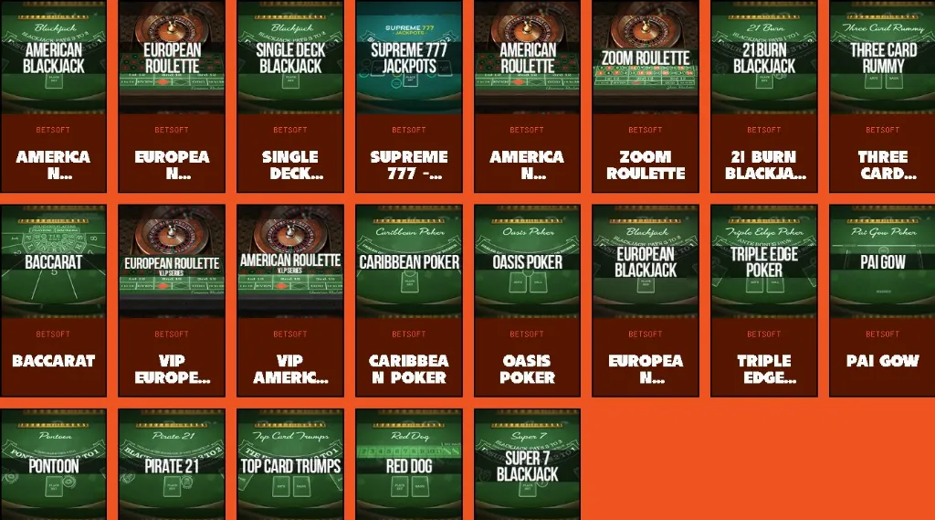 Playbracco Casino table game selection featuring Betsoft classics like American Blackjack, European Roulette, and Caribbean Poker.