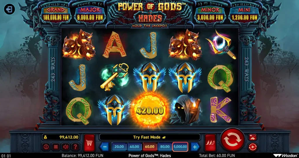 Power of Gods Hades slot showcasing fiery mythological symbols, including Cerberus and Hades helmets, in a dark underworld-themed reel design.