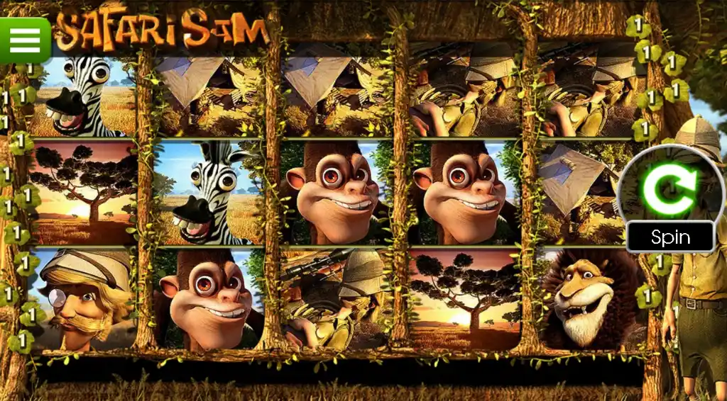 Safari Sam slot game features animated reels with zebras, monkeys, lions, hunters, and African savanna landscapes.