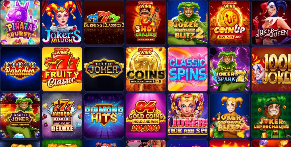 Sixty6 Casino collection of classic slot titles featuring games like Joker’s Million, 3 Hot Chillies, and Double Joker Hold and Win displayed in a bright grid.