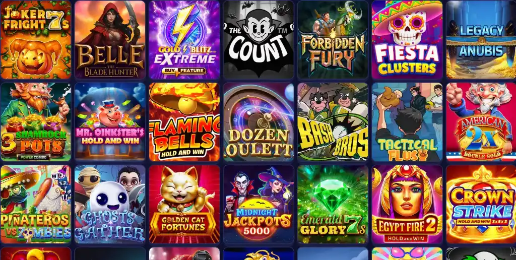 Selection of Sixty6 Casino’s slot titles including Egypt Fire 2, Fiesta Clusters, Flaming Bells, and Crown Strike displayed in a colorful grid.