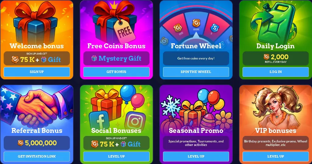 Grid of Sixty6 Casino promotional offers highlighting bonuses like free coins, referral rewards, seasonal promos, and VIP perks.