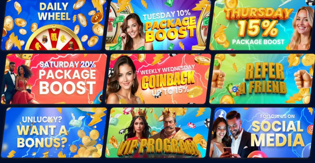 Colorful banners promoting SpeedSweeps bonuses and player rewards, featuring events like daily wheel spins, package boosts, VIP program, and referral offers.