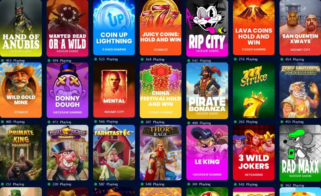 Selection of SpeedSweeps slot games including titles like Hand of Anubis, Rip City, and Pirate Bonanza shown in a vibrant casino grid layout.