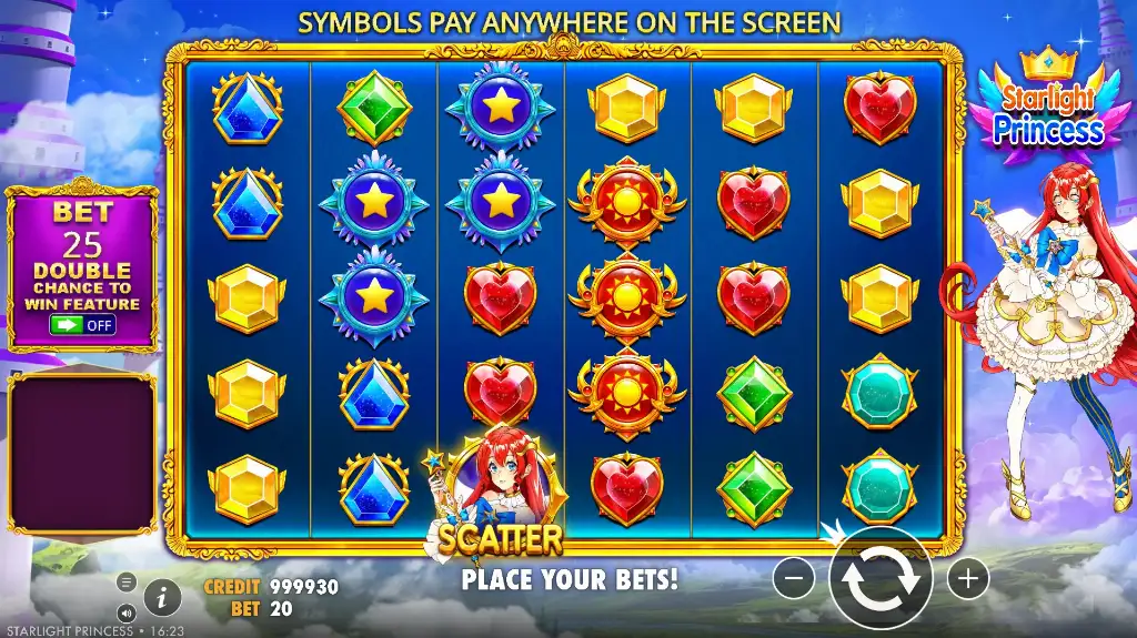 Gameplay from Starlight Princess slot featuring colorful gem symbols and an anime-style princess character set against a bright fantasy sky background.