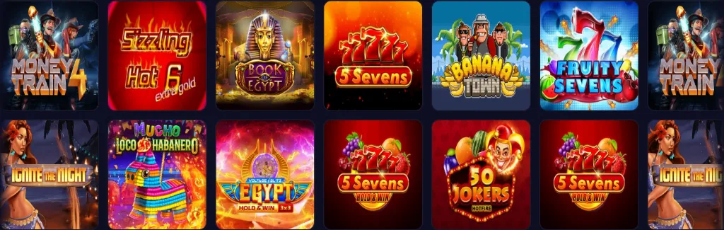 A promotional lineup of slot titles including Money Train 4, Book of Egypt, Banana Town, Fruity Sevens, and Ignite the Night, showcasing vibrant casino game covers.