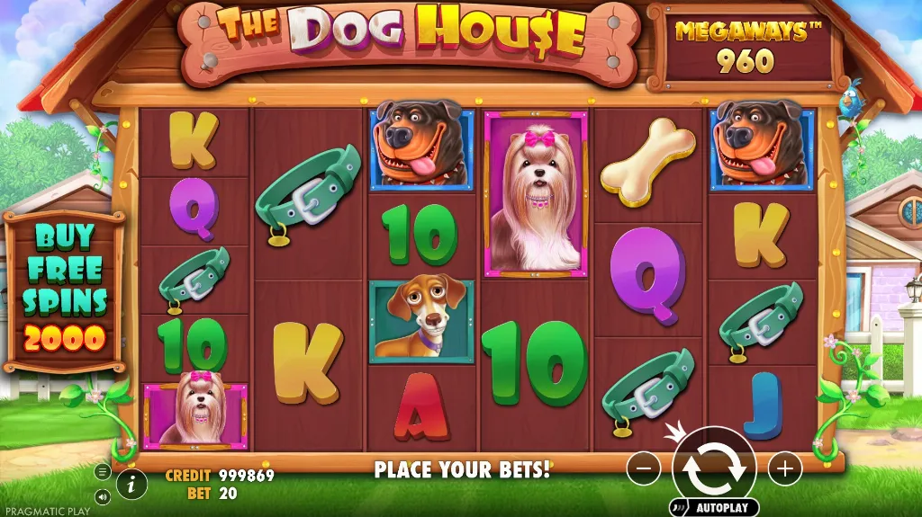 Gameplay from Pragmatic Play’s The Dog House Megaways slot featuring cartoon-style dogs, colorful symbols, and a cheerful backyard theme.