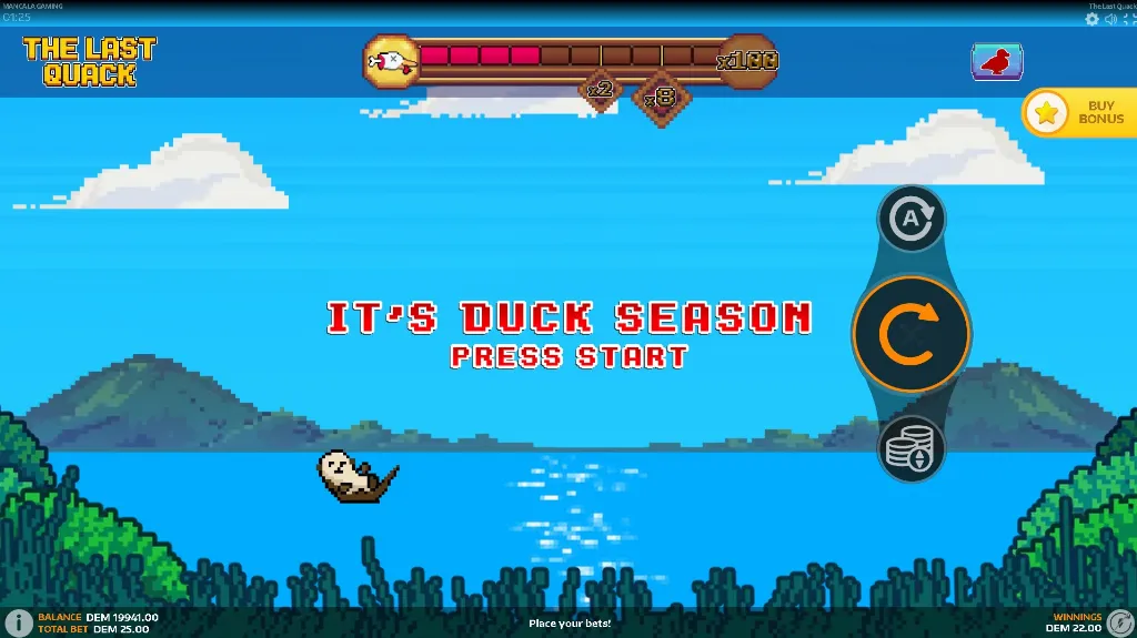 Retro pixel-style gameplay from The Last Quack, showing a duck-hunting mini-game with a playful 8-bit design.