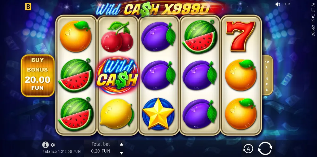 Wild Cash X9990 slot with retro fruit symbols and glowing bonus logo highlighting fast-play casino action.