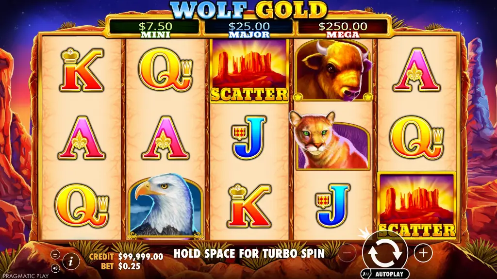 Wolf Gold slot gameplay screen showing reels with wild animals and scatter symbols in a desert canyon theme.