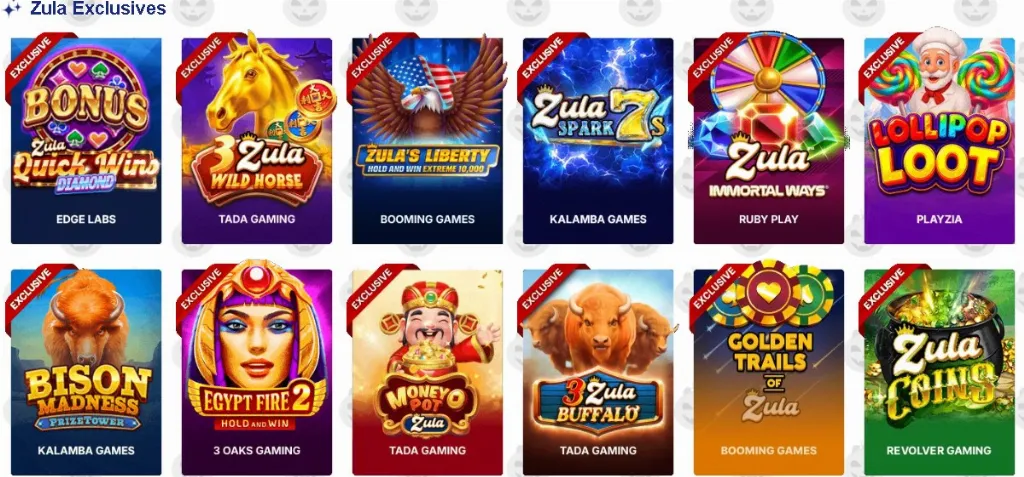 Zula Casino Exclusive Games showcases a lineup of exclusive titles like Zula Quick Wins Diamond, Zula Wild Horse, and Zula Spark 7s with bold colorful slot covers for online play.