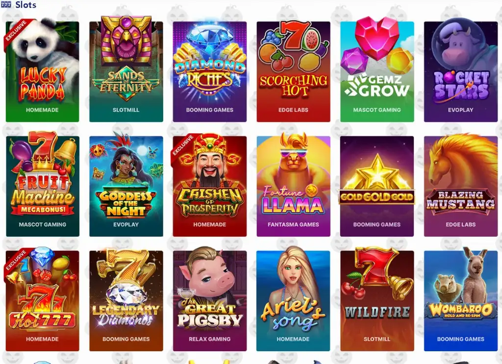 Colorful grid of featured titles from Zula Casino slot games showcasing themes like Lucky Panda and Sands of Eternity for online casino players.