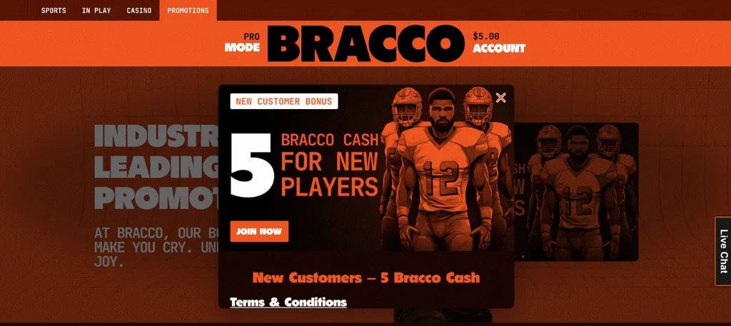 Bracco Casino promotion banner featuring athletes and advertising a $5 Bracco Cash bonus for new players.