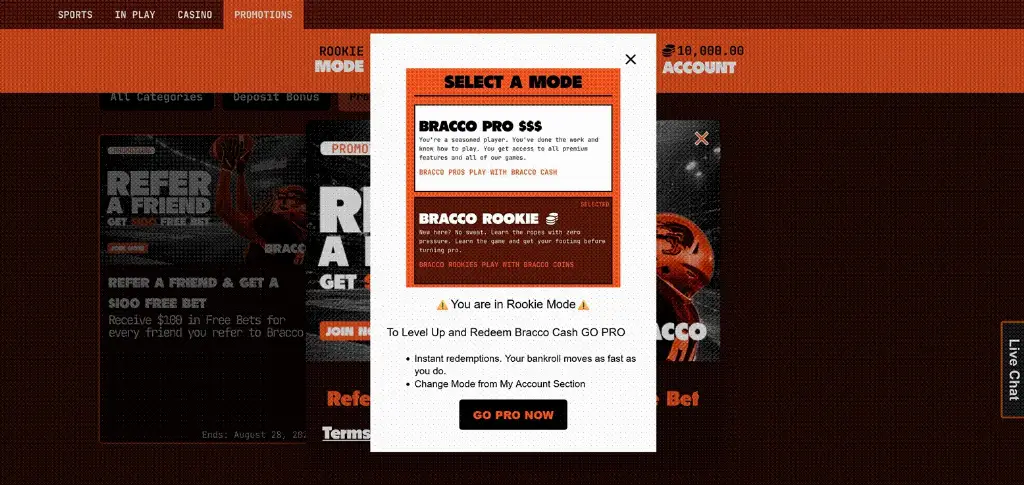 Bracco Casino popup window prompting users to choose between Rookie Mode and Pro Mode with descriptions of each.