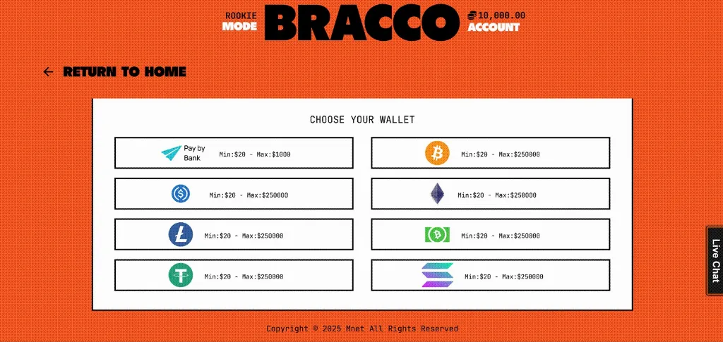 Bracco Casino wallet selection page showing available payment methods including Bitcoin, Ethereum, and Pay by Bank.