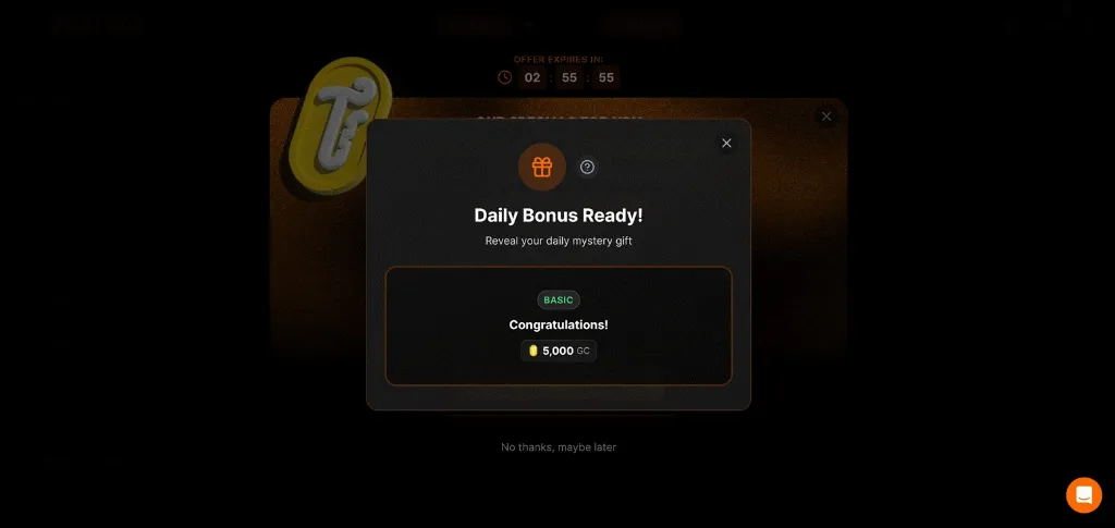 Popup on ToraTora Casino revealing a daily bonus reward of 5,000 gold coins for players.