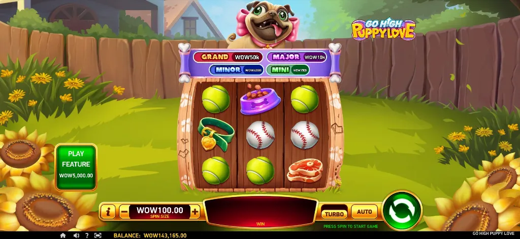 Go High Puppy Love slot showing grand, major, minor jackpots and dog-themed reel symbols.
