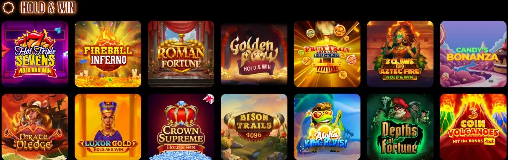 Sidepot Hold and Win slots selection including Hot Triple Sevens, Fireball Inferno, Roman Fortune, and more.