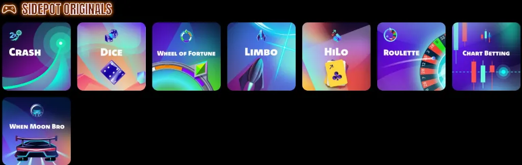Sidepot Originals games lineup featuring Crash, Dice, Wheel of Fortune, Limbo, HiLo, Roulette, and Chart Betting.
