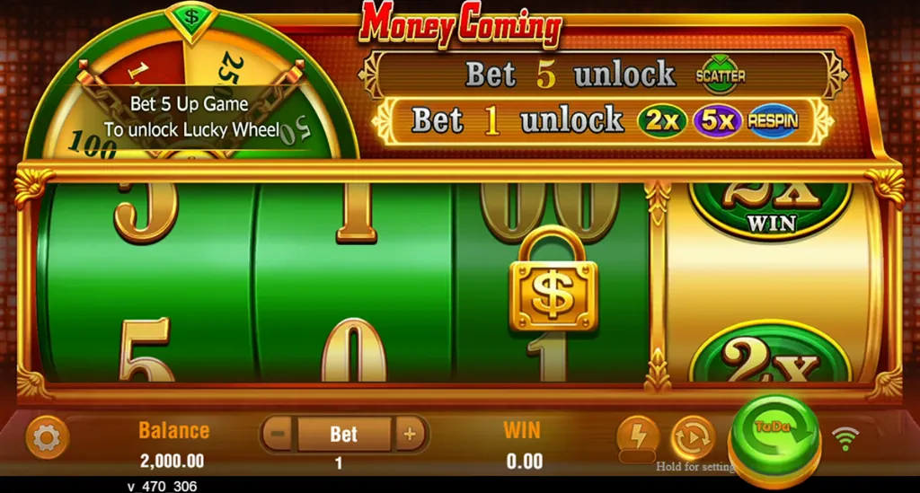 Money Coming - Game interface with slot reels.