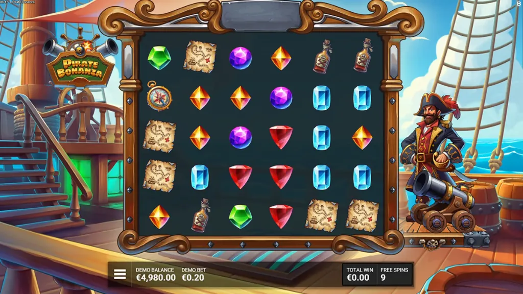 Pirate Bonanza - Banner with colorful gems and pirate.