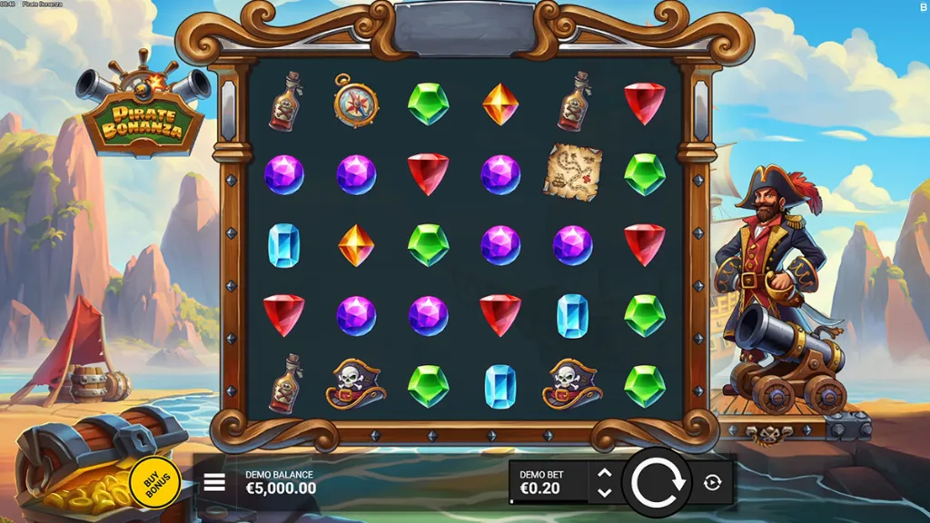Pirate Bonanza - Game screenshot with gems and pirate.