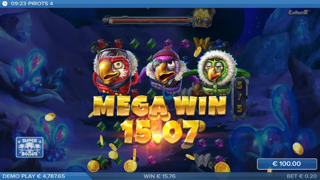 Pirots 4 - Game screenshot with mega win display.
