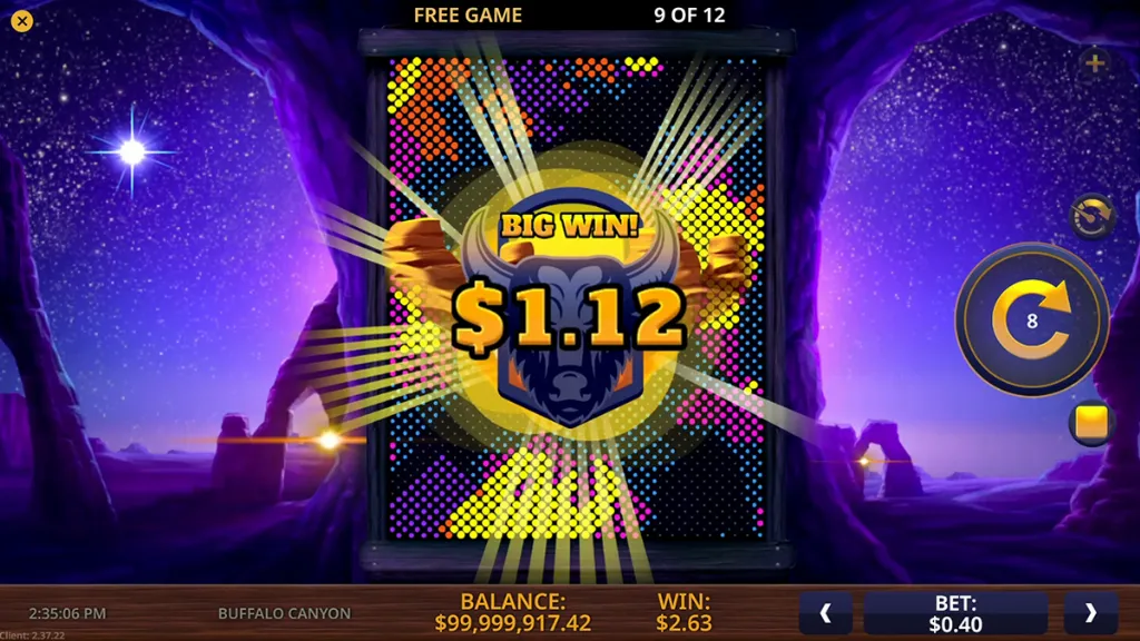 Buffalo Canyon - Game screen with big win alert.