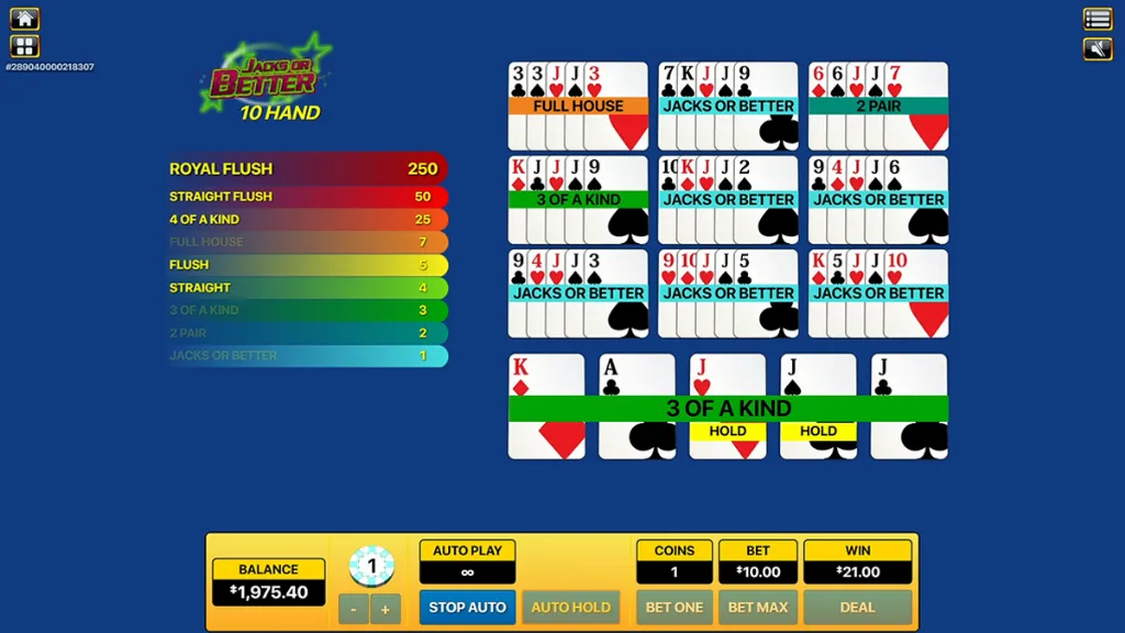 Jacks or Better - Game screenshot with winning hands.