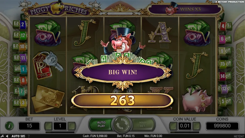 Piggy Riches - Slot game image with big win display.