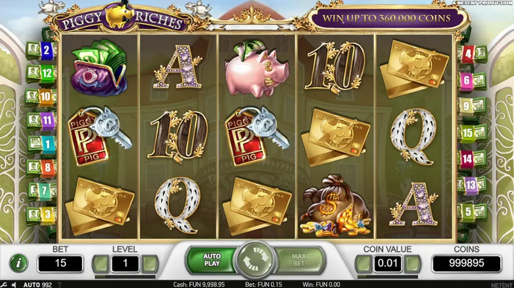 Piggy Riches - Slot Game with coins and symbols.