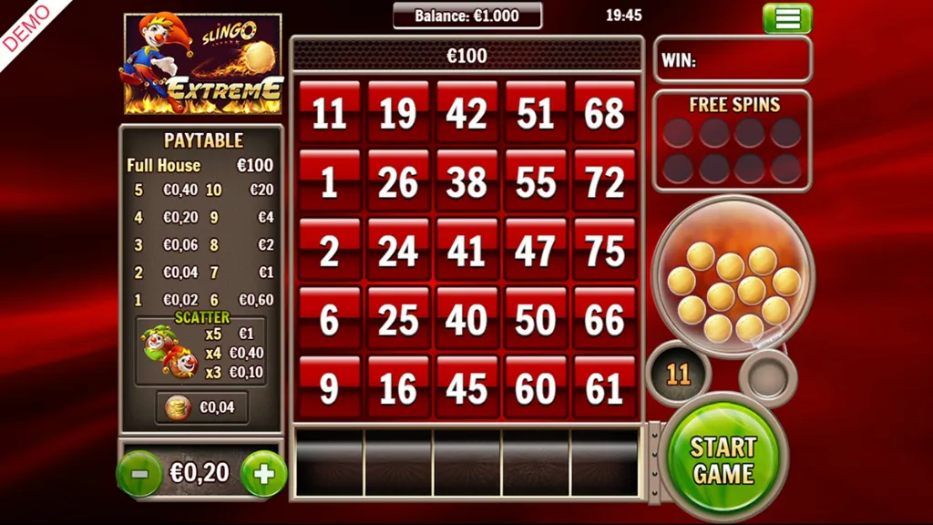 Slingo Extreme - Game Screenshot with Paytable and Cards