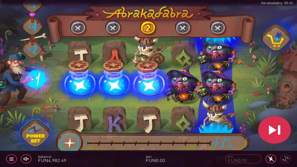 Abrakadabra slot game with bonus trigger round, glowing potion reels, animated wizard casting spells, and themed fantasy symbols