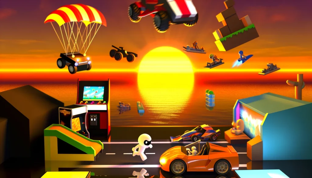 Visual representation of casual online games to play when you're bored, with game figures and characters on a sunset background.