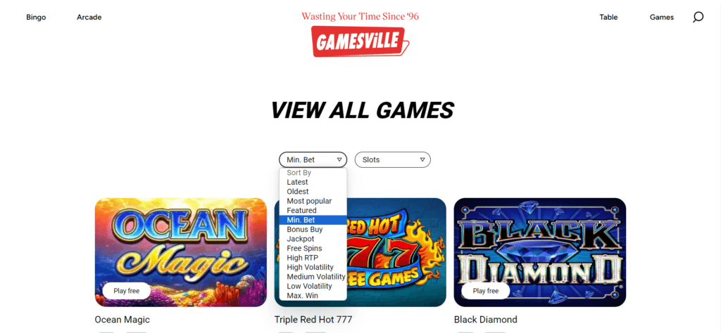 Screenshot of how to filter free penny slots on Gamesville