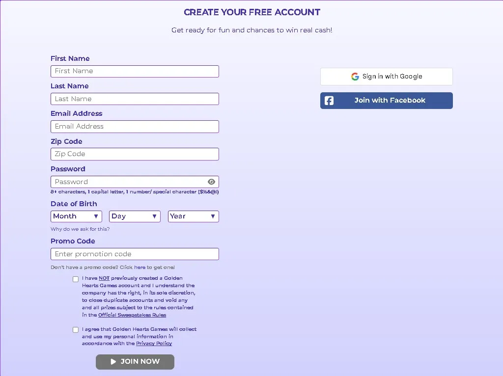 Golden Hearts Games registration form for creating a free account, showing fields for name, email, zip code, password, date of birth, promo code, and sign-up options with Google or Facebook.