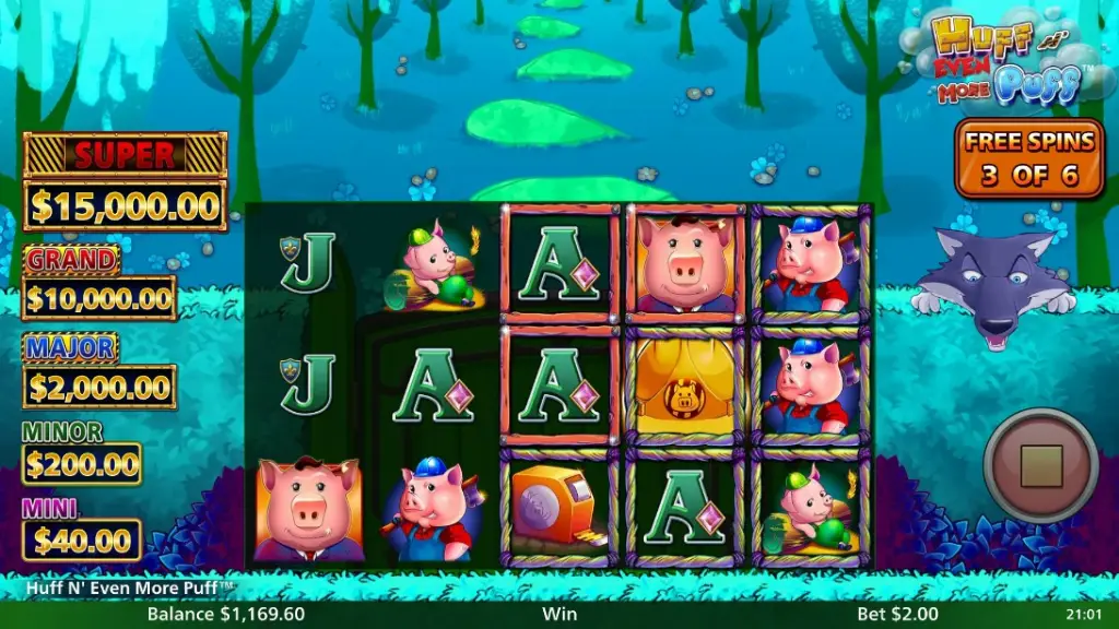 Huff N' Even More Puff free spins round with pig and wolf symbols, 5x3 reel layout, and jackpot prize levels up to $15,000.
