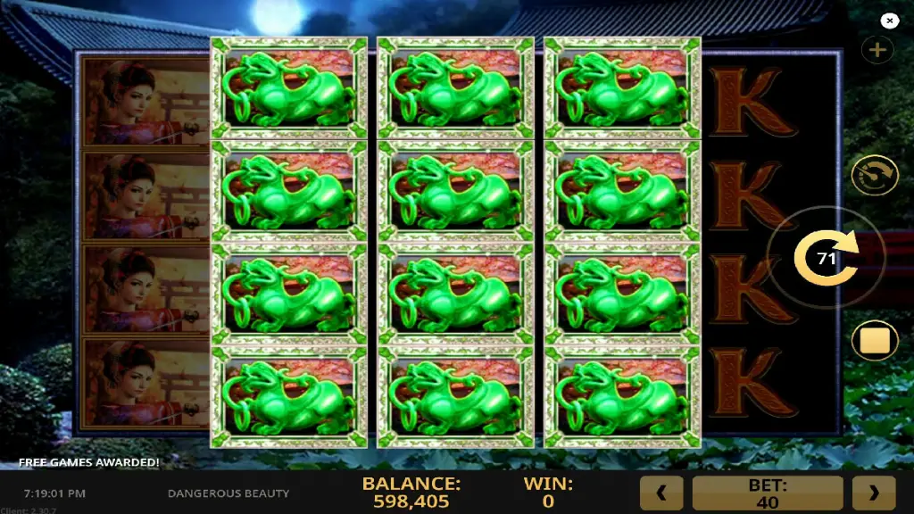Dangerous Beauty - Slot Game with green frogs.