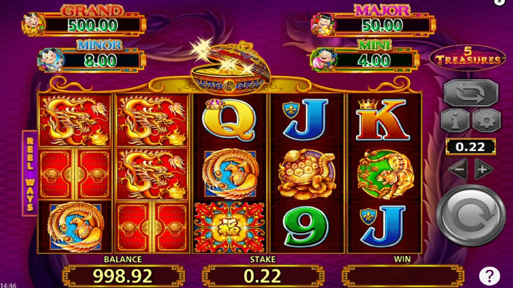 5 Treasures slot reels with dragon and phoenix symbols landing to trigger the bonus feature.