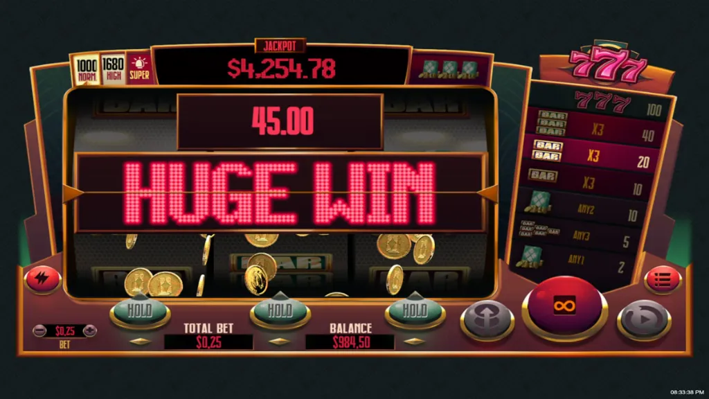 A win screen from 777 showing “HUGE WIN” with coins flying around and a $45.00 payout.