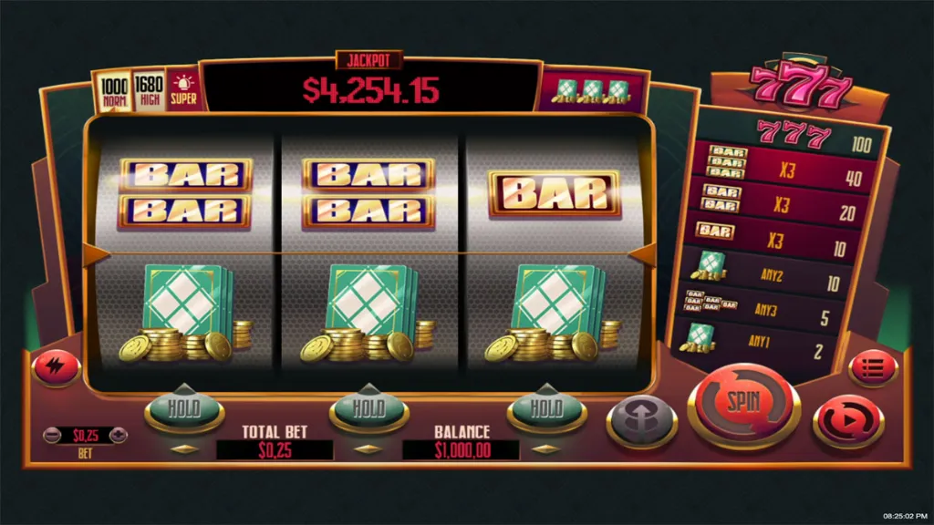 The regular reel setup of 777 with classic BAR symbols and a visible jackpot amount at the top.