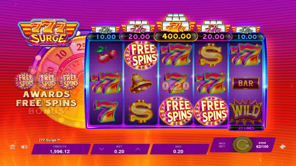 777 Surge - Product photo with bonus trigger visible.