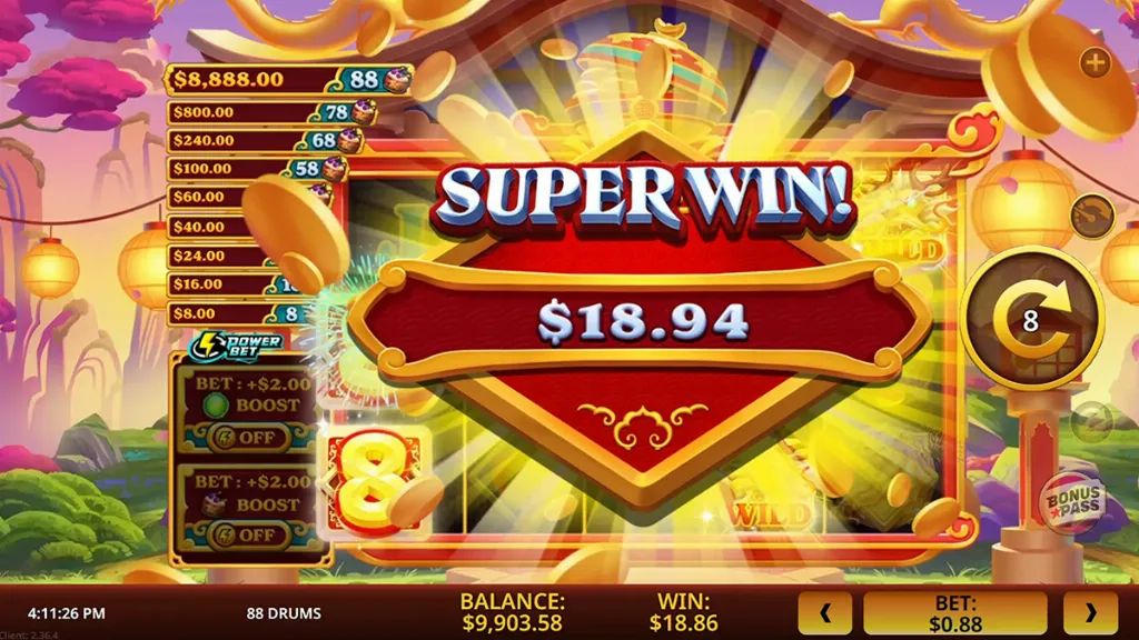 88 Drums - Game screenshot with big win display.