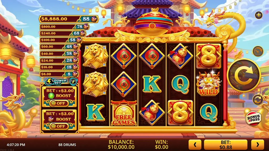 88 Drums - Slot game photo with colorful symbols.