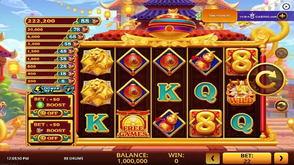 88 Drums - Slot game screenshot with colorful symbols.