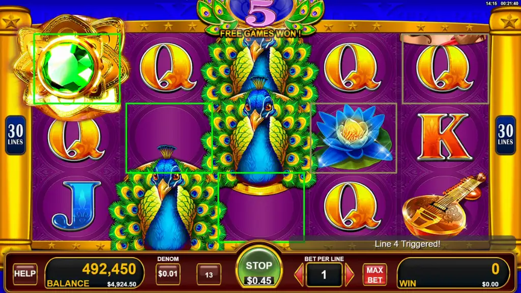 Bonus trigger round activates with three peacock symbols on Adorned Peacock slot